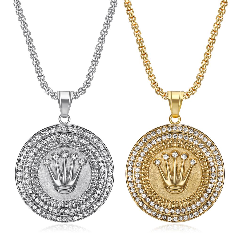New Hip-Hop HIPHOP Jewelry Titanium Steel Gold-Plated Rhinestone Crown Three-Plant Pendant Necklace