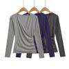 Mature Style V-neck Cross-Pleated Long-Sleeve Top for Women – Autumn/Winter Slimming Waist T-shirt