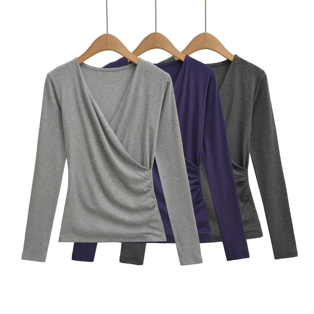 Mature Style V-neck Cross-Pleated Long-Sleeve Top for Women – Autumn/Winter Slimming Waist T-shirt