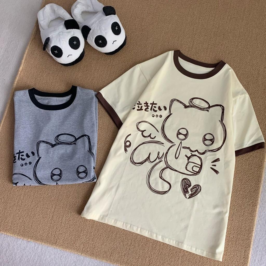 Cat Print Cute Women Tshirts Summer Tees Japanese Kawaii Oversized Tops Girls Harajuku Short Sleeve O-neck T-shirt
