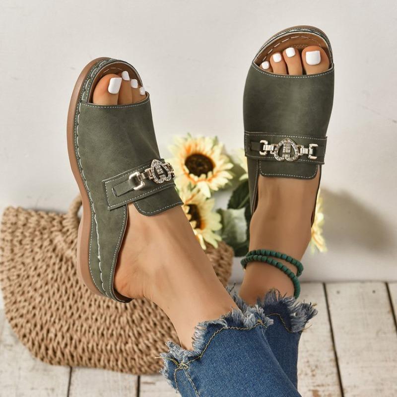 Women's Wedge Peep Toe Sandals, Metal Buckle Platform Beach Slides, Plus Size Summer Casual Shoes