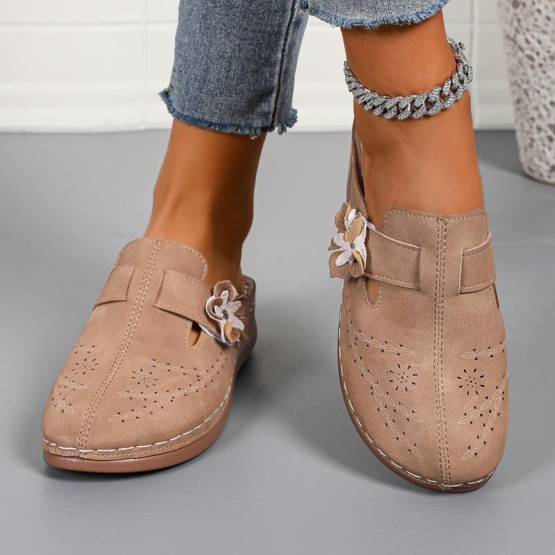 Women's Low Heels Slippers Summer Round Head Deep Mouth Flower Car Sewing Soft Soled Non-slip Wear-resistant Flat Shoes