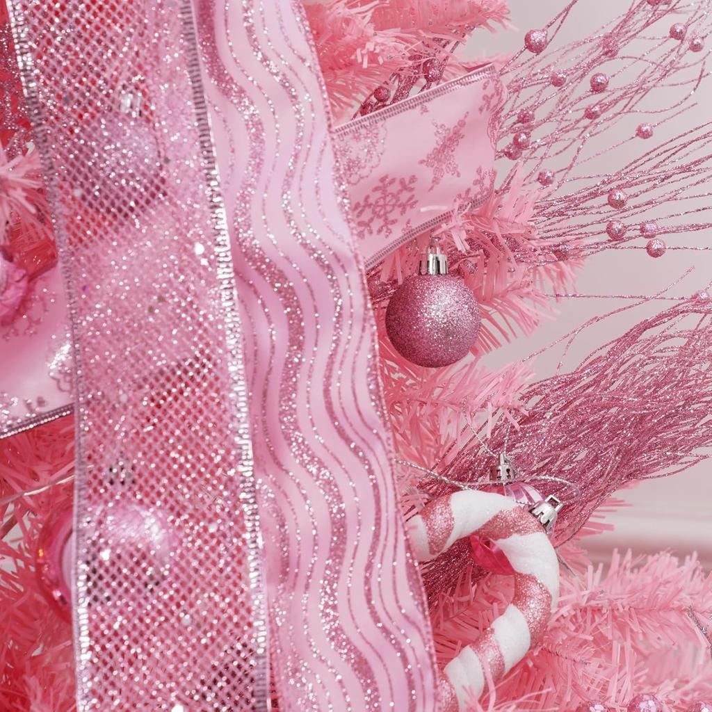 Christmas Tree Topper, 32x12 Inches Large Toppers Bow with Glitter Satin Mesh Streamer, Pink Christmas Tree Topper for Christmas Home Decoration