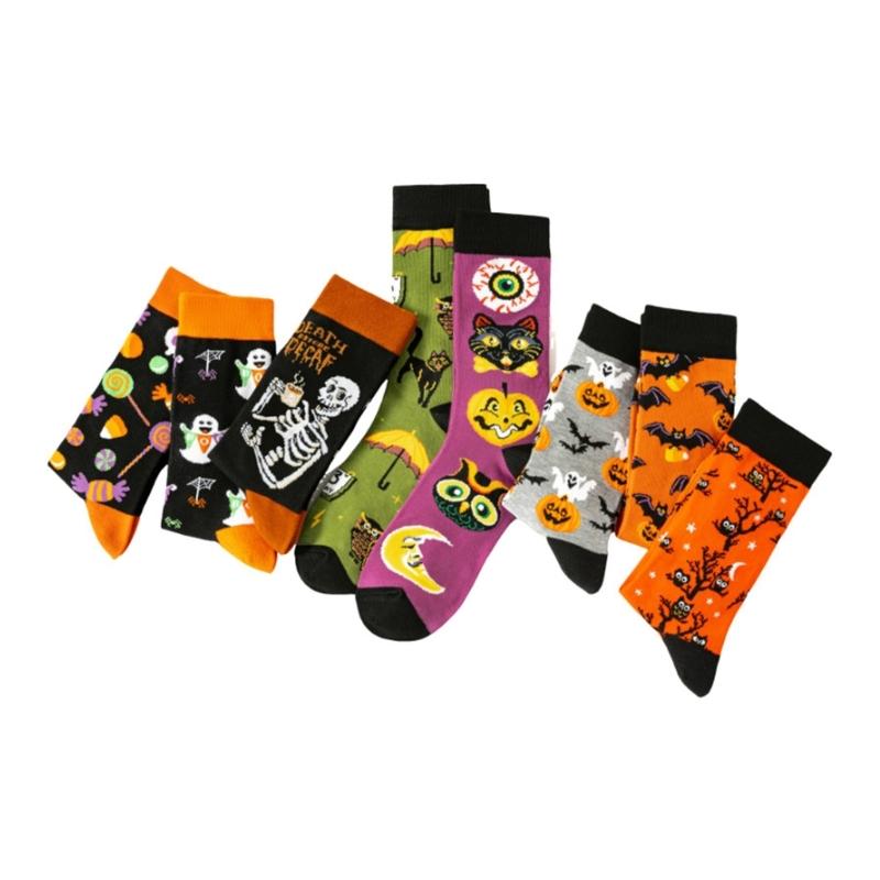 Halloween Themed Cotton Socks Elastic Cuffs Breathable Fabric Practical Wear Festive Ghosty Pumpkin Patterns