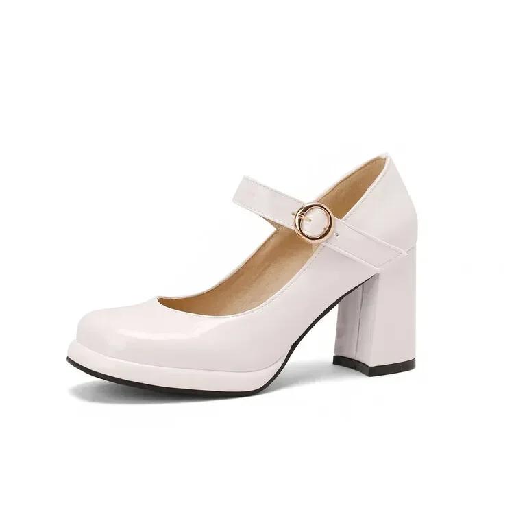 Fashion PU Patent Leather Green Navy Blue Closed Toe Mature Ladies Office Pumps Buckle Strap Vintage Women Mary Janes Shoes Block Heels