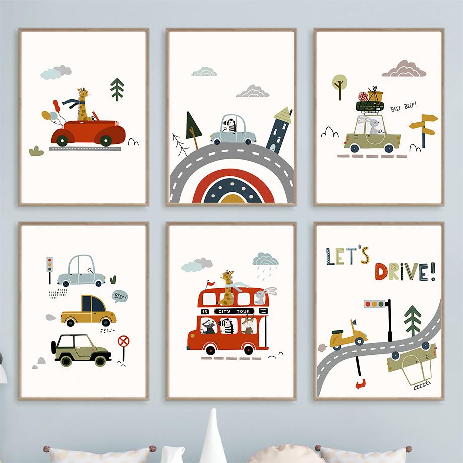 Cute Cartoon Vehicle Nursery Wall Art Poster - Cars Truck Fire Truck Prints for Kids Baby Bedroom Playroom Decor Canvas Painting
