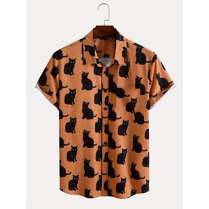 Cute Cat Pattern Print Men Summer Shrot Sleeve Lapel Shirt Men Loose Fashion Hawaii Shirt Tops