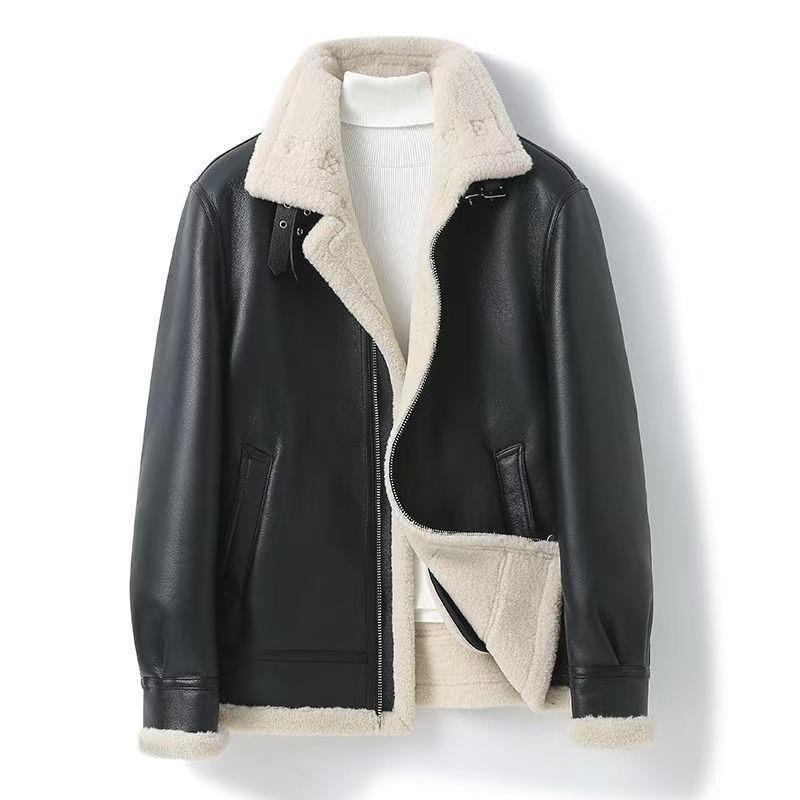 Fur and fleece integrated leather jacket new lapel thickened leather jacket wool winter men's jacket thermal jacket