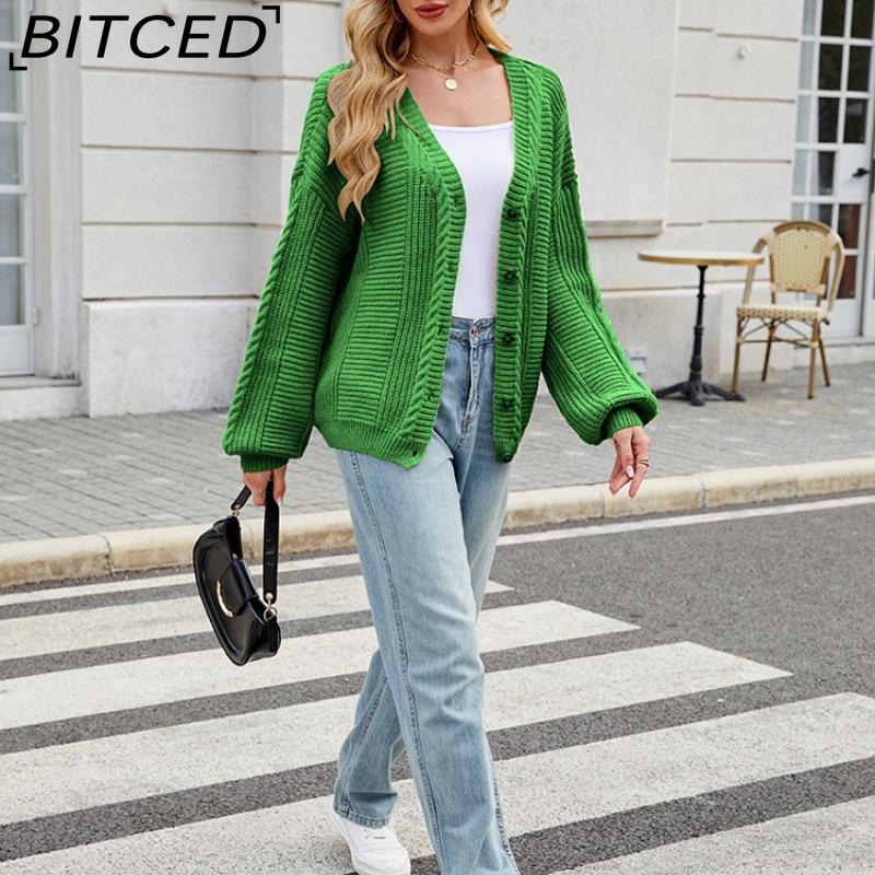 BITCED Relaxed-Fit Oversized Cardigan Autumn/Winter Long-Sleeved V-Neck Cable-Knit Sweater