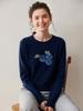 Women's Dark Blue Short Jacquard Cashmere Sweater - Round Neck, Loose Knit, Base Layer