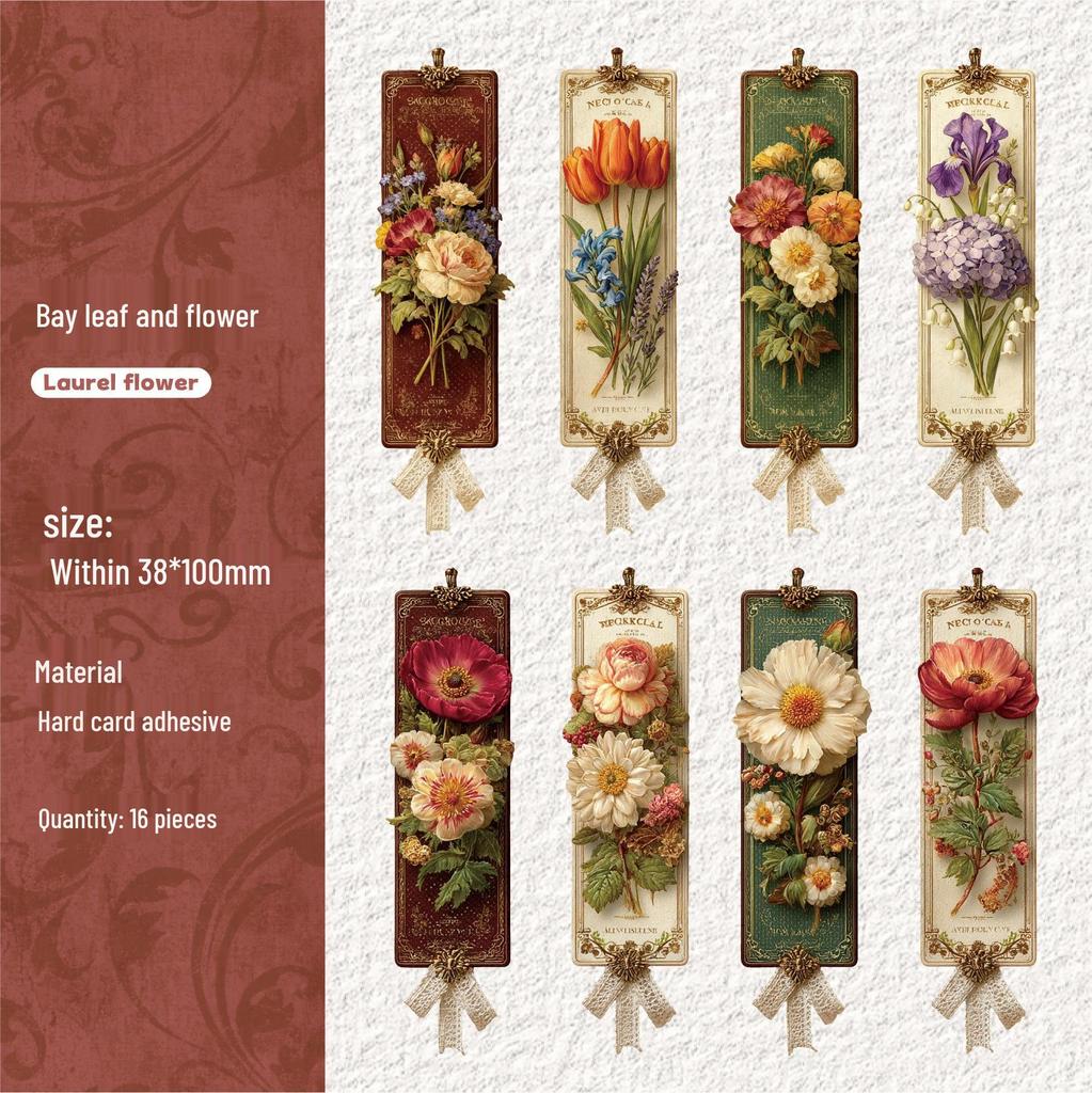 RetroStory Floral Bookmark Stickers - 16 Sheets for Personal Decoration & Planners