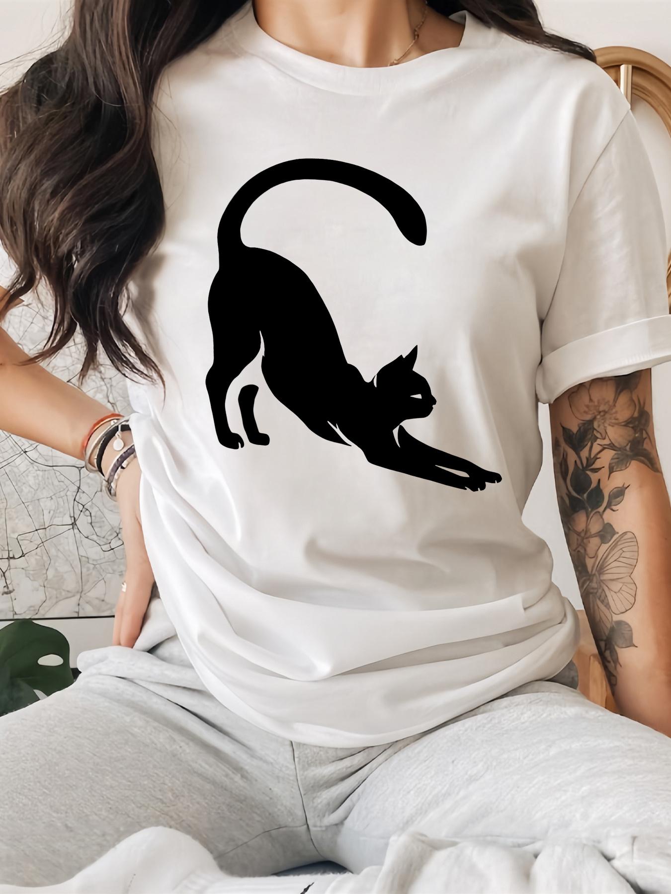 

Cat Print Tshirt Short Sleeve Crew Neck Casual Top for Summer Womens Casual Summer Tops Daily Wear Tshirt Clothing S