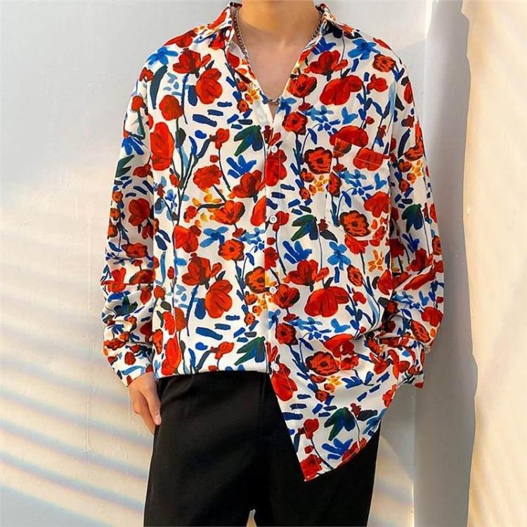 Retro Hong Kong Style Men's Floral Shirt Casual All-Match Jacket Japanese Korean Style Trendy Spring Autumn Fashion