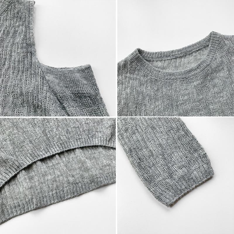 Off-the-shoulder Knitwear Loose Round Neck Pullover Long Sleeve Thin Hollow Out Top Spring Autumn Lazy Style