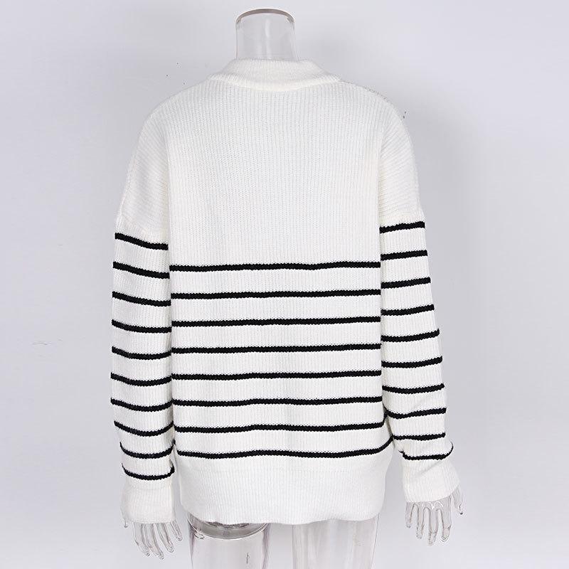 Autumn Loose Striped Long Sleeve Pullover Women's Sweaters Winter Tops Vintage Zipper Round Neck Knitted Sweater Woman Elegant Ladies Jumpers 25130