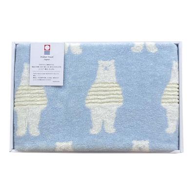 Imabari Handtuch Geschenkset, 1 Badetuch, Bärenmuster mit Bordüre, Blau, Hergestellt in Japan, Im Karton, 60x120cm