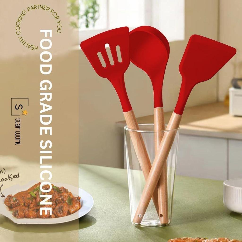 Non-Stick Silikon Kokeutstyrsett, 3 stk med Trehåndtak, Varmebestandige Silikon Kjøkkenredskaper (rød)