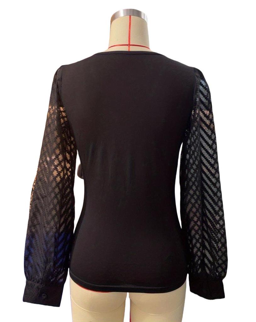 2025 Spring Women's Chiffon Patchwork Deep V Knit Long Sleeve Top