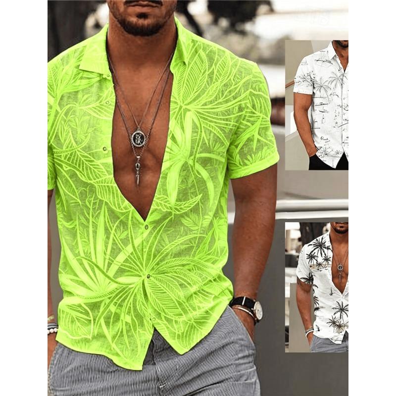 Men's Gradient Tropical Palm Leaf Print Short Sleeve Shirt, Casual Hawaiian Button Up Shirt for Spring Summer