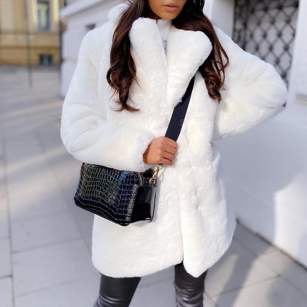 Womens Ladies Warm Plus Size Solid Color Plush Long Sleeve Lapel Imitation Coat