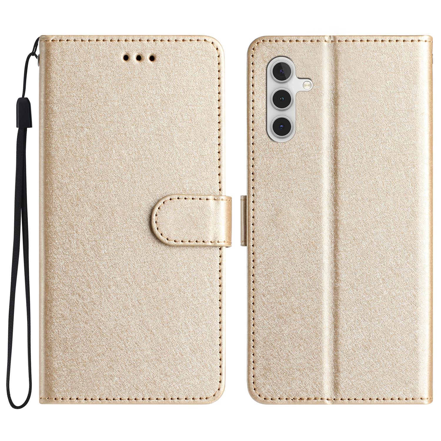 

For Samsung Galaxy A35 5G Case with Handy Strap Silk Texture Leather Stand Phone Cover Gold
