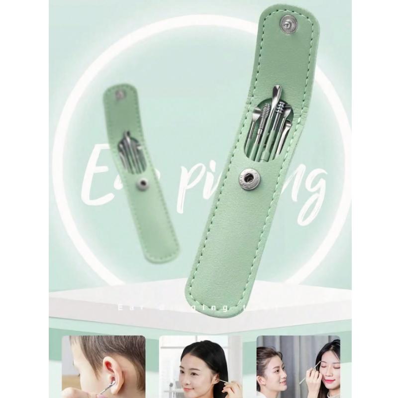 6-Piece Portable Ear Cleaning Kit with Spiral Spring Ear Picks, Carbon Steel Earwax Remover Tool for Home Travel Hygiene Care