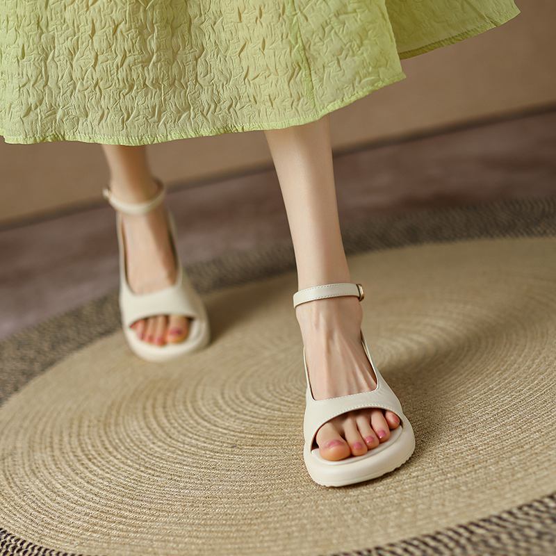 Krazing Pot Microfibră Peep Toe Tocuri joase Vară Platformă Plată Glezna Cataramă Femei Sandale de agrement