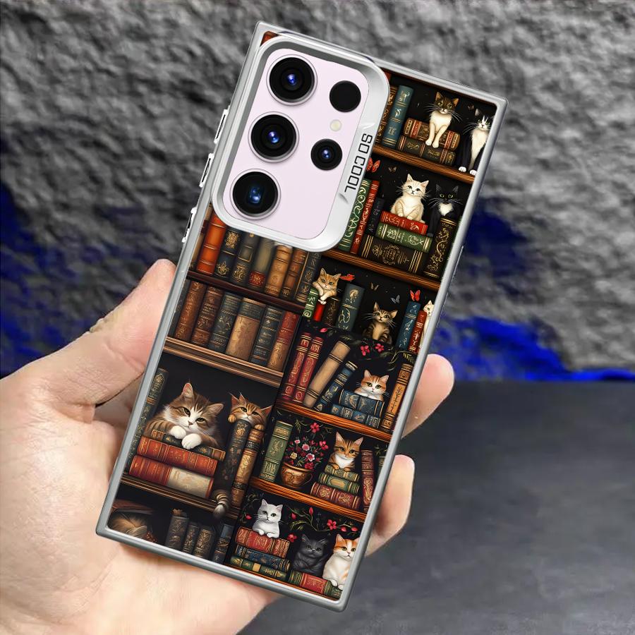 Phone Case for Samsung Galaxy S23 S24 S25 Ultra S20 S22 S23 FE Note 20 S21 Plus S24FE Shell Cover Vintage Bookshelf Kitten