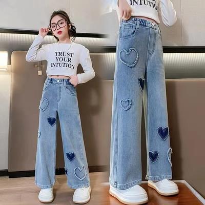Girls' Denim Wide-leg PantsMedium and Large Children's Loose Straight Pants
