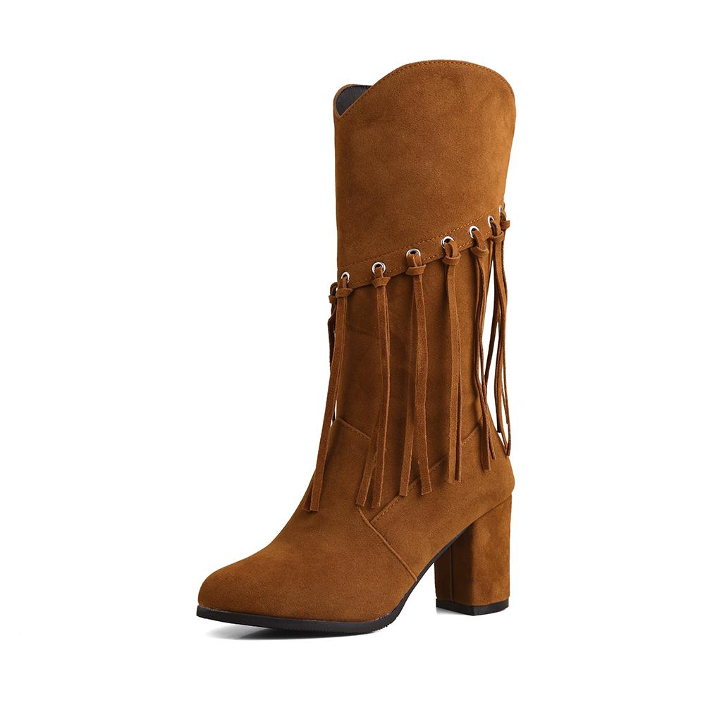 Winter Black Yellow Women Mid Calf Boots Round Toe High Heel Small Big Size 33 52