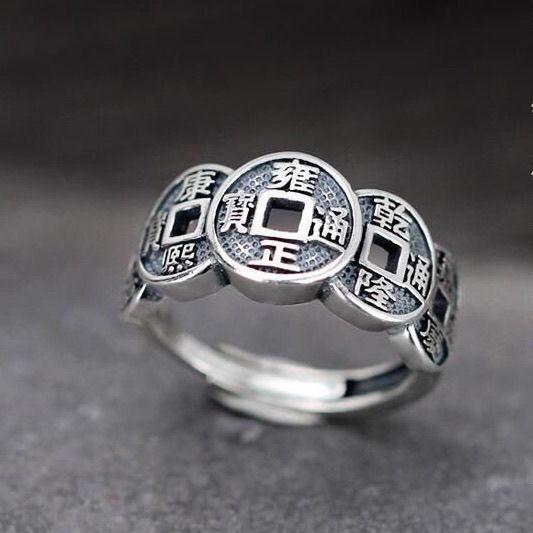 Five Blessing Coins and Five Emperor Coins Open Ring for Men and Women Hundred-character Blessing Index Finger Ring