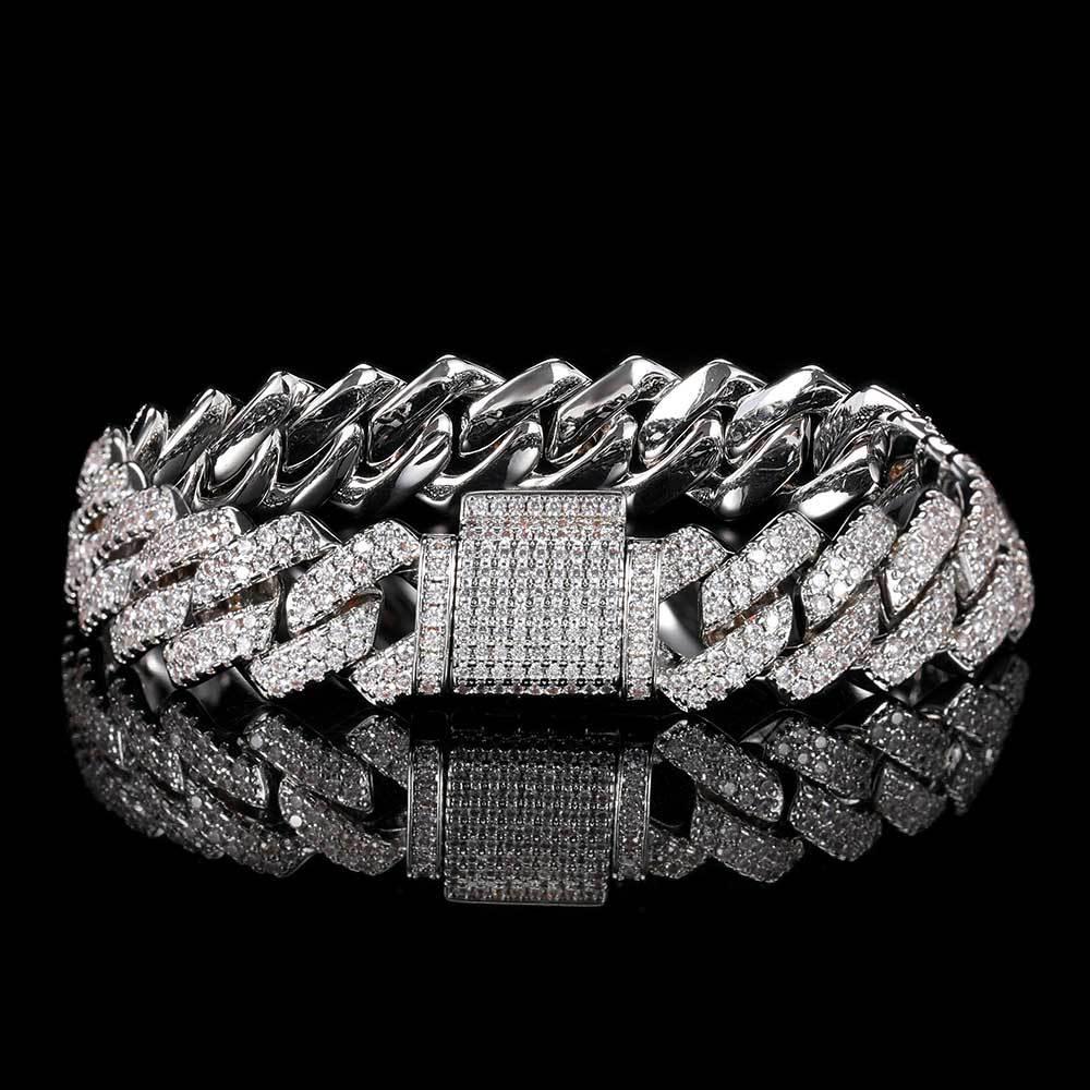 14mm Diamantový kubánský řetízek Zirkonový náramek: Evropský a americký hip-hopový styl, trendy pánský barový náramek