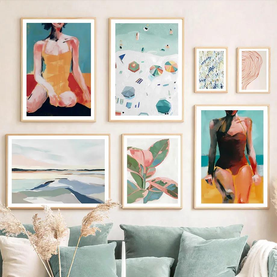 

Woman Leopard Poster Beach Tropical Plant Leaf Wall Art Mural Canvas Line Print Abstract Oil Painting Pictures Living Room Decor 21cm×30cm NoFrame