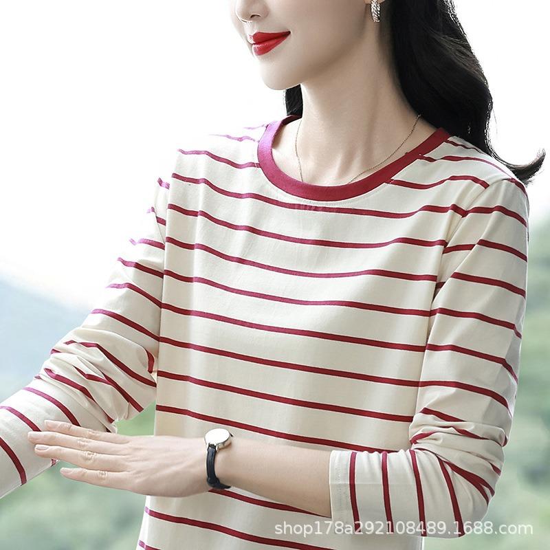 T-shirt de base en pur coton, Vêtements de printemps pour femmes d'âge moyen à manches longues, Nouveaux vêtements d'automne, Hauts amples grande taille