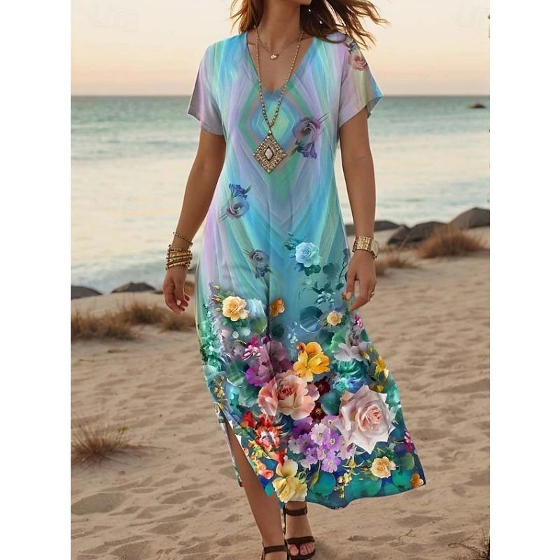 

YYFS Женская мода Лето Весна Цветной блок Принт Короткий рукав V-образный вырез Свободная линия талии Повседневные платья XXXXXL