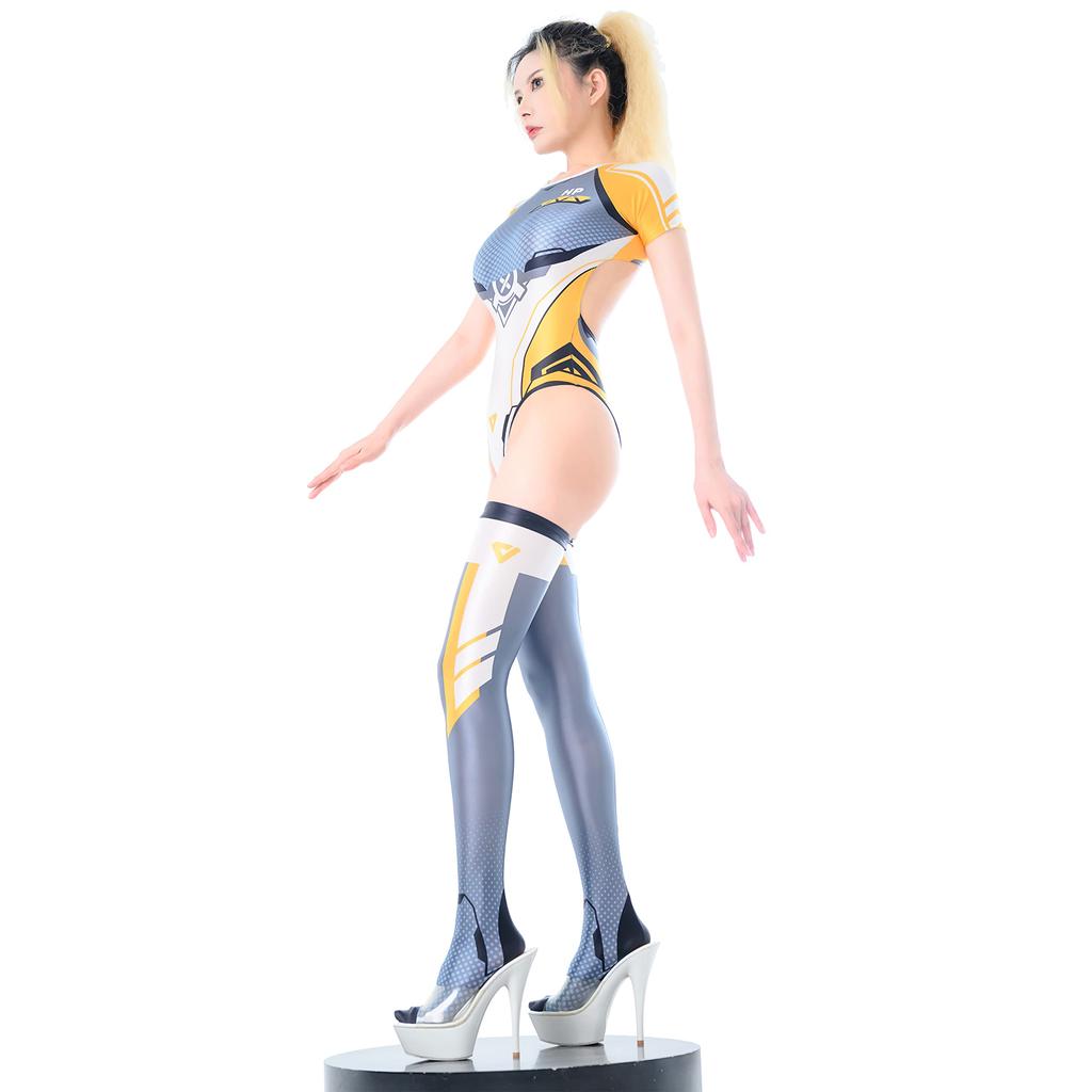 Seksowny Błyszczący Strój Kąpielowy z Wysokim Wycięciem na Nogi Rajstopy do Kolan Prosty Kostium Race Queen Cosplay Strój Kąpielowy dla Dorosłych Kostium Cosplay Kostium na Bal Przebierańców LOST-G Damski (L, ŻÓŁTY)