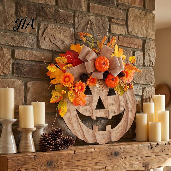 Festival Seasonal Ornament for Kitchen Wooden Pumpkin Halloween Door Sign with LED Lights, Artificial Floral Hanging Decorative Pinecones Fireplace