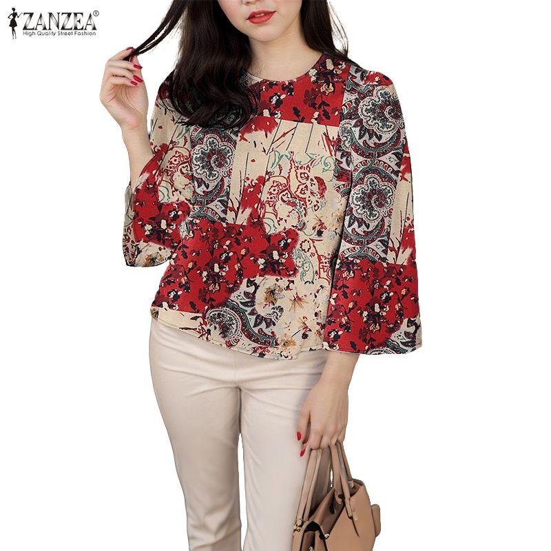 ZANZEA Women Ethnic Print Casual Round Neck 3/4 Sleeve Blouse