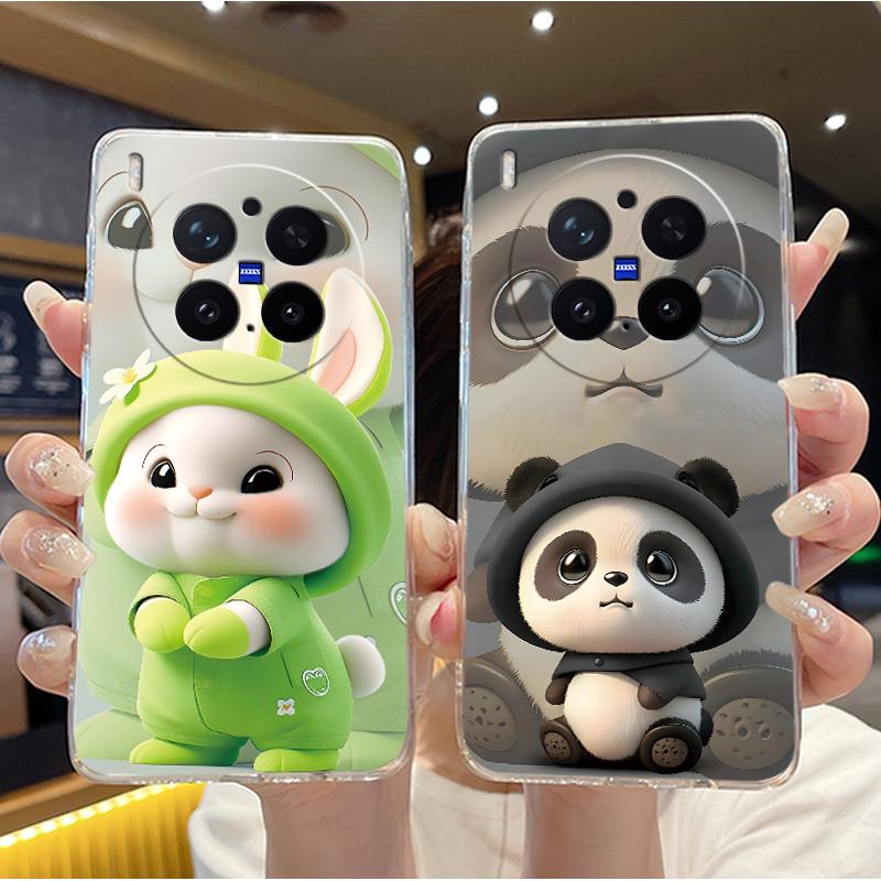 Green Fluffy Cartoon Rabbit Pattern Phone Case For Vivo X300 Pro Transparent TPU Soft Cover Shockproof Couple Protective Shell