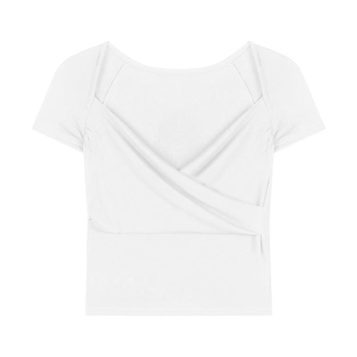 

(11 Modal 111g human cotton) Design cross large V-neck exposed collarbone front shoulder short T-shirt top women Free size (recommended 40-60kg ) білий