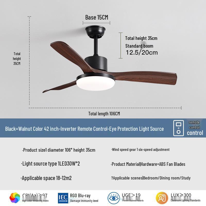 Wabi-Sabi Walnut Ceiling Fan with Full-Spectrum Light - Ideal for Chinese-Style Dining Rooms and Living Areas
