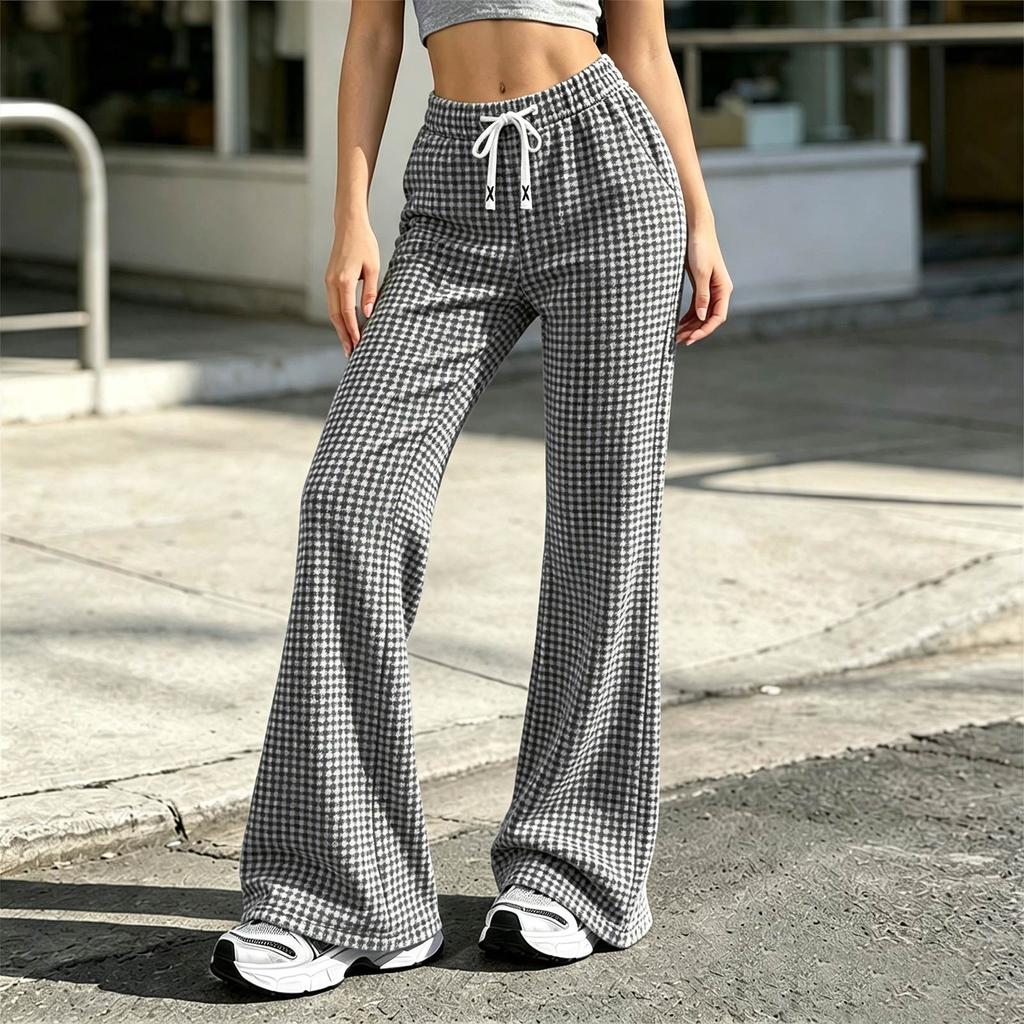 Women's Plaid Flare Pants with Waist for Casual and Home Wear