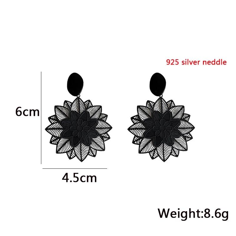 1piar Big Black Flower Drop Earrings for Women Hollow Net Pendants Exaggerated Rock Personality Wedding Party Vintage Ear Jewelry