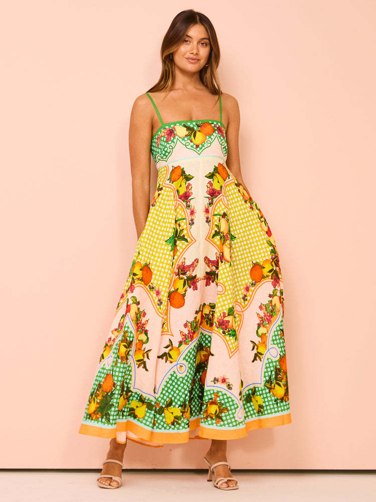 Summer new sexy suspender temperament printed high waist big pendulum dress women