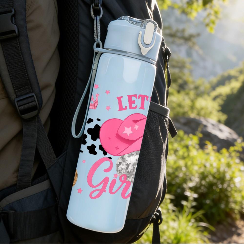 1PC Lets Go Girls Pink Glitter Quote Print 750ml Color Plastic Sports Water Bottle Leakproof Flip Straw Lid Suitable for Sports Office Home Use
