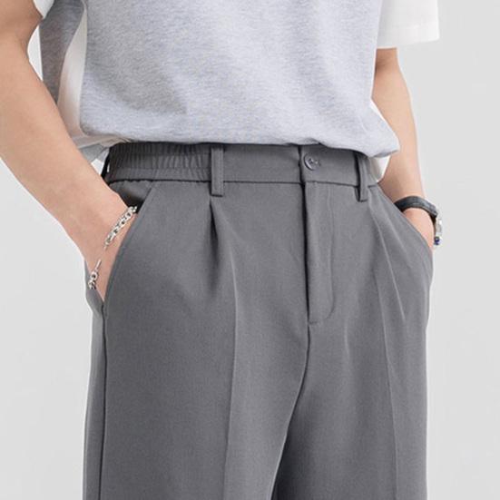 Men Suit Shorts Mid-rise Solid Color Straight Wide Leg Shorts with Pockets Knee-Length