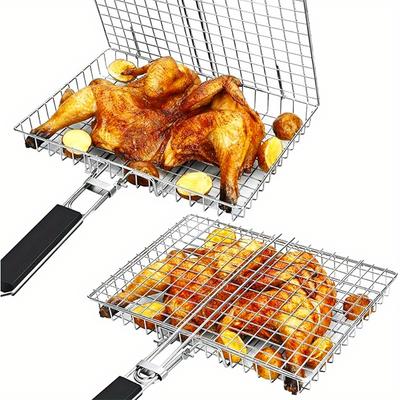 Faltbarer BBQ-Grillkorb, Deckel inklusive. Hähnchen, Fisch, Gemüse grillen. Leicht zu reinigen & aufzubewahren. Outdoor-Essential!