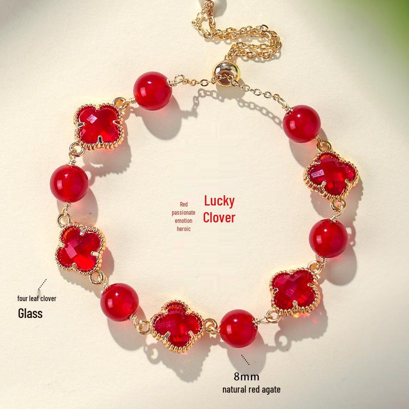 Lucky Clover Amethyst & Rose Quartz Women's Bracelet - Four-Leaf Clover Light Luxury Fashion Jewelry.