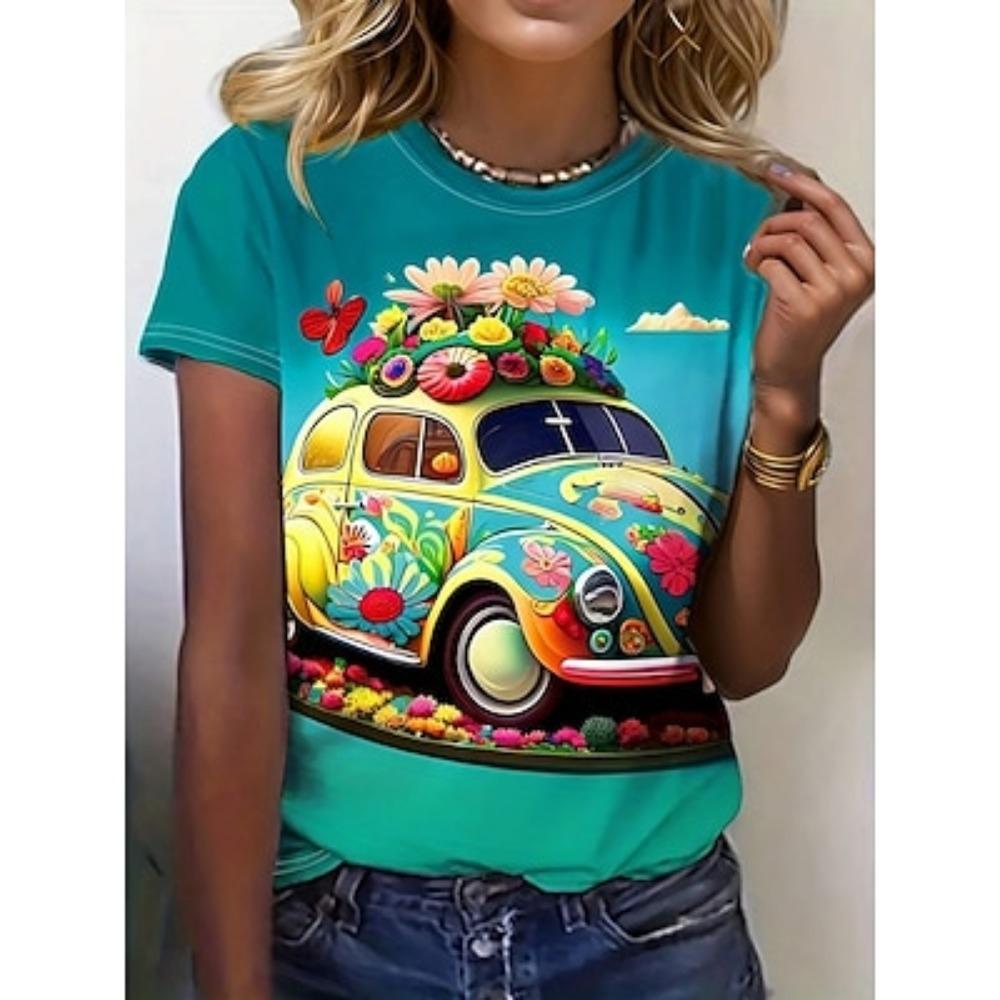 Women s T Shirt Casual Cartoon Regular Tops Short Sleeve Round Neck Print Regular Fit Daily Blue Fall Winter S
