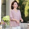Women's Pink Embroidered Blouse V-Neck Half Sleeve Loose Fit Casual Top for Middle-Aged